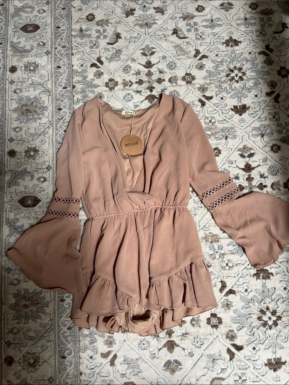 essue Dusty Rose Ruffle Bodysuit Romper with Bell Sleeves